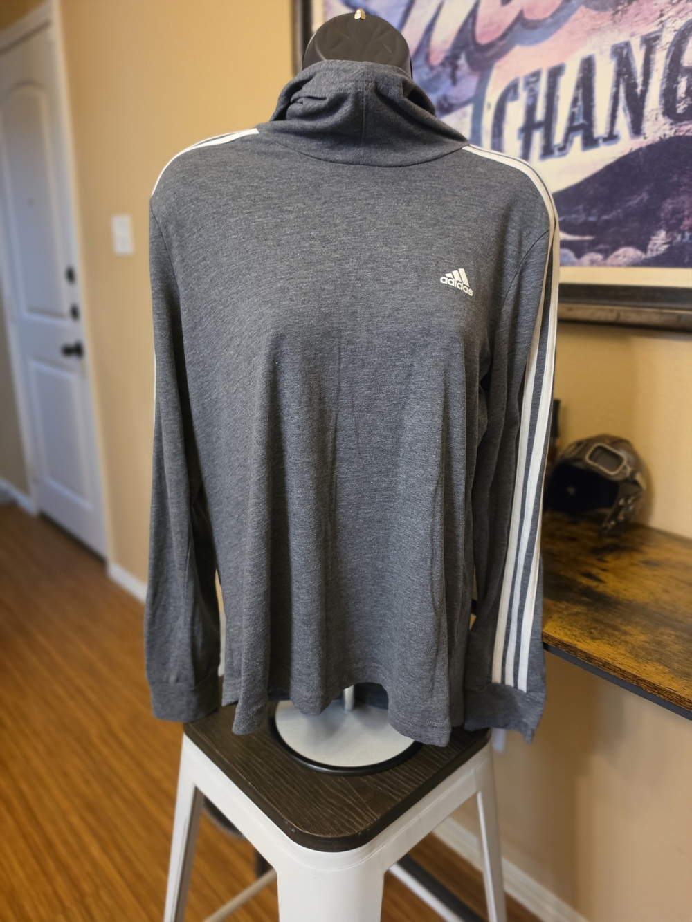 Adidas Gray Turtleneck Long Sleeve Top with White Sleeve Stripes SIZE M